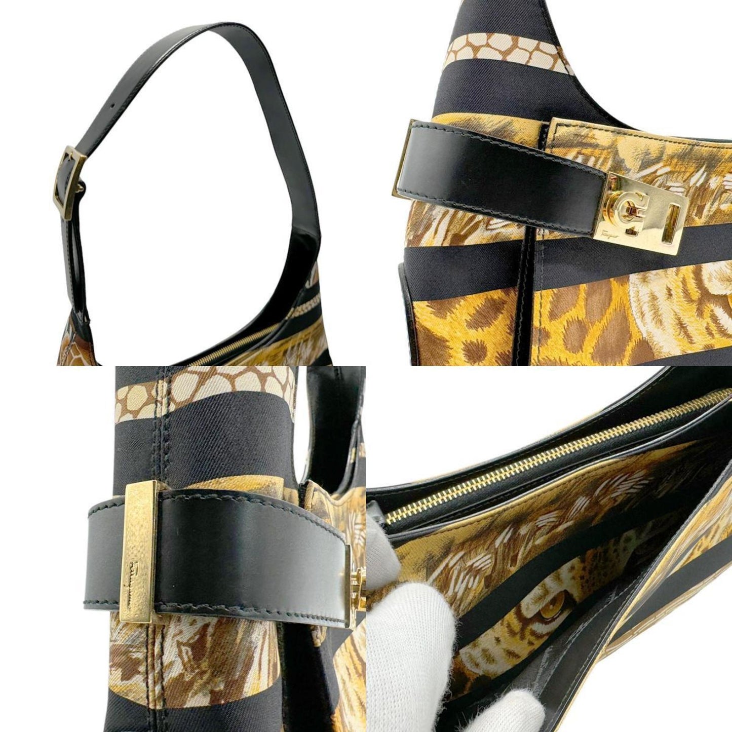 Salvatore Ferragamo Ganchio city, Black, Canvas, shoulder