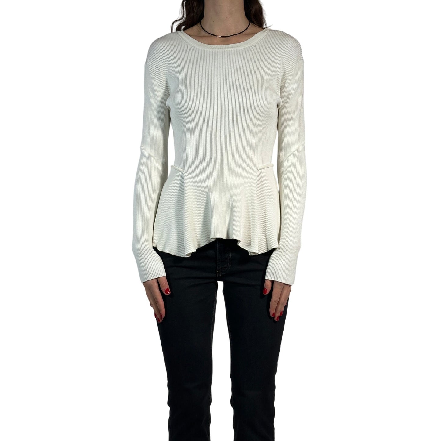 SPORTMAX Ribbed Knit Peplum Sweater Solid Long Sleeve Fitted White Women's M