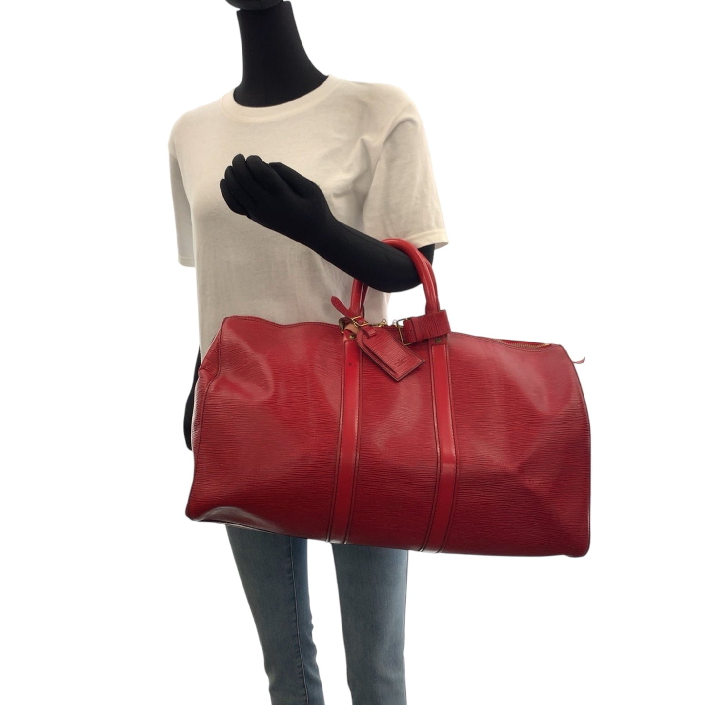 Louis Vuitton Keepall 45, Red, Leather, travel