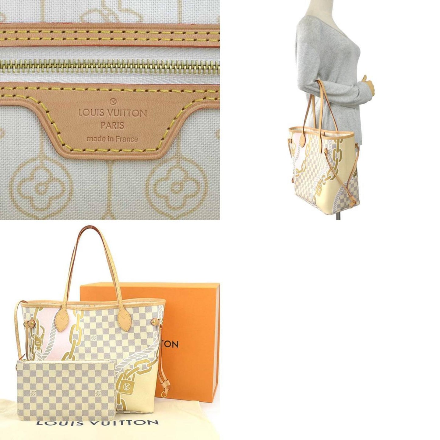 Louis Vuitton Neverfull MM, White, Canvas, tote