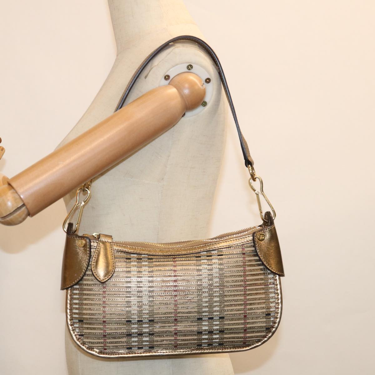 Burberry Lollard Shoulder Bag Haymarket Canvas with Leather, GOLD, LEATHER, Shoulder bag