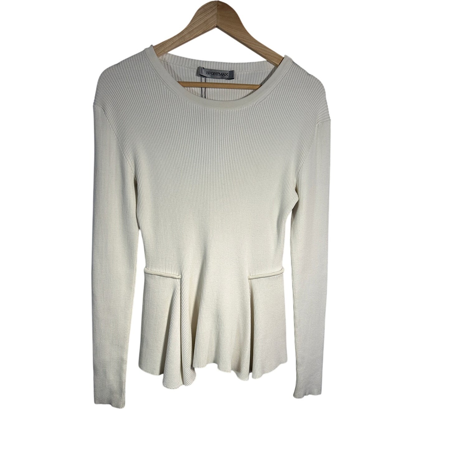 SPORTMAX Ribbed Knit Peplum Sweater Solid Long Sleeve Fitted White Women's M