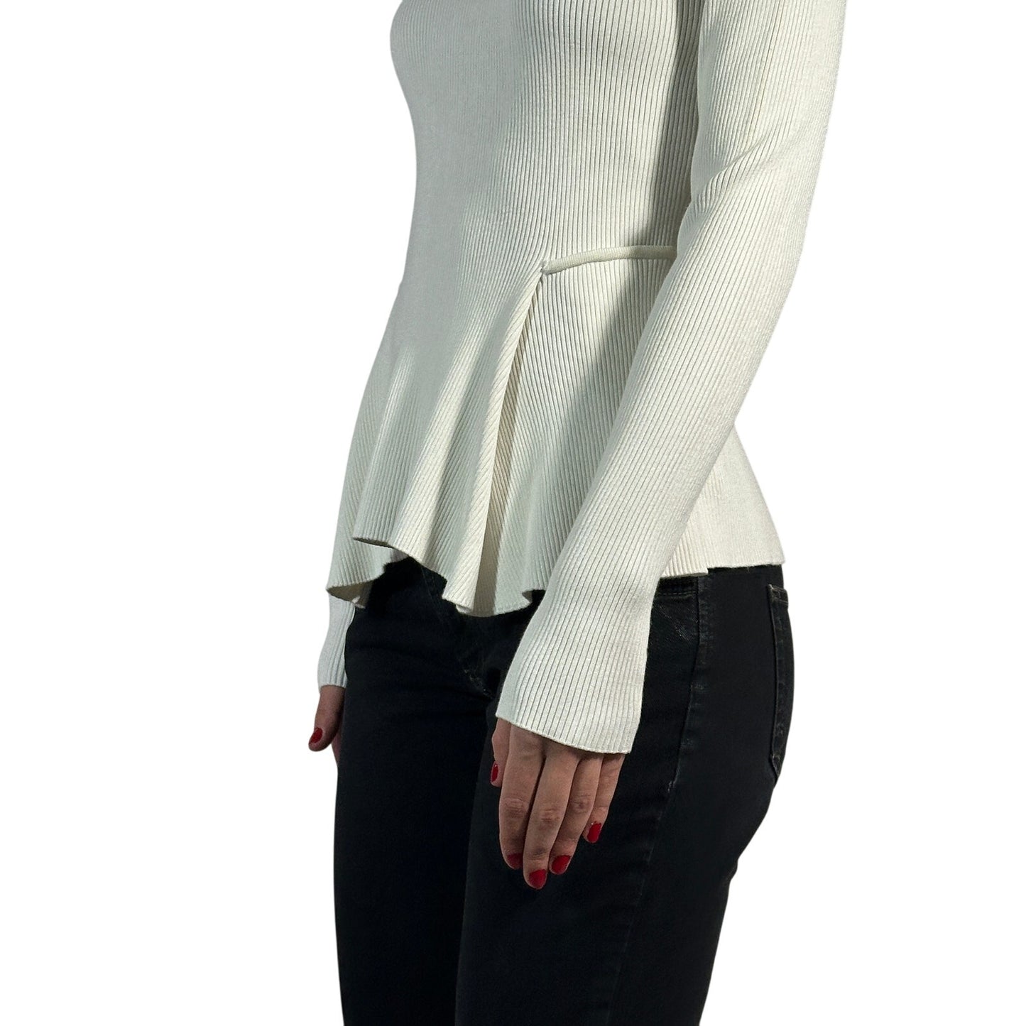 SPORTMAX Ribbed Knit Peplum Sweater Solid Long Sleeve Fitted White Women's M