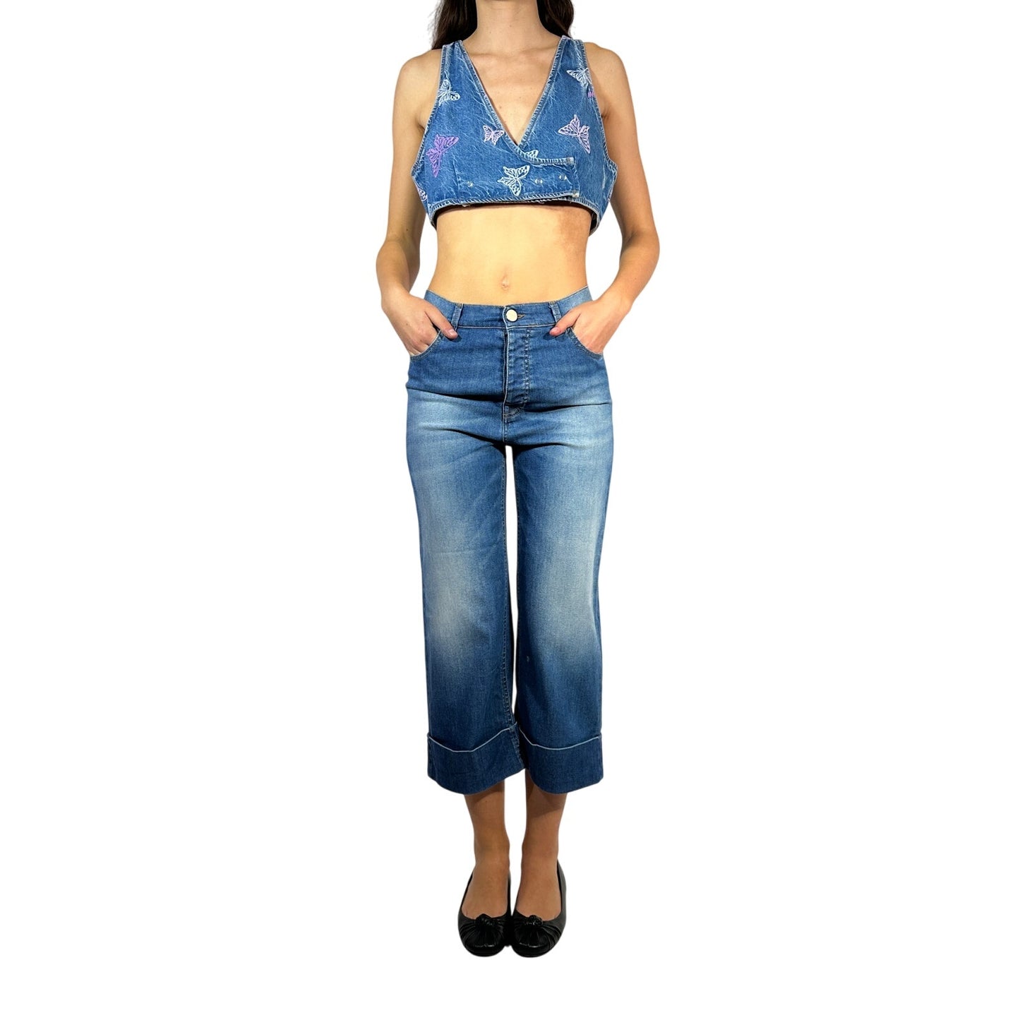 GANNI Embroidered Denim Crop Top