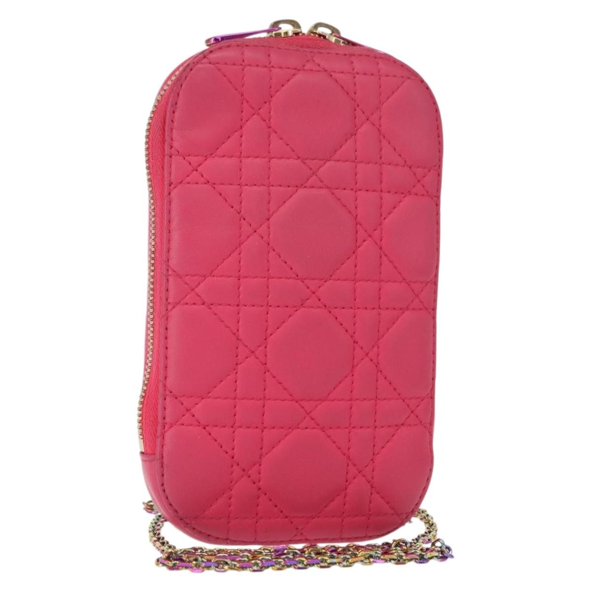 Christian Dior Lady Dior Phone Holder on Chain Cannage Quilt Lambskin, Pink, Leather, Clutch