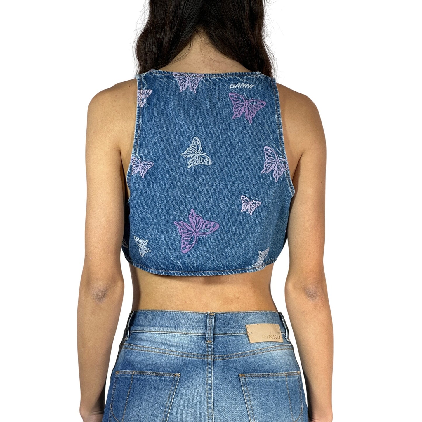GANNI Embroidered Denim Crop Top