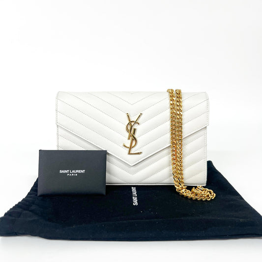 Saint Laurent Classic Monogram Flap Wallet Matelasse Chevron Leather, White, Leather, Wallet