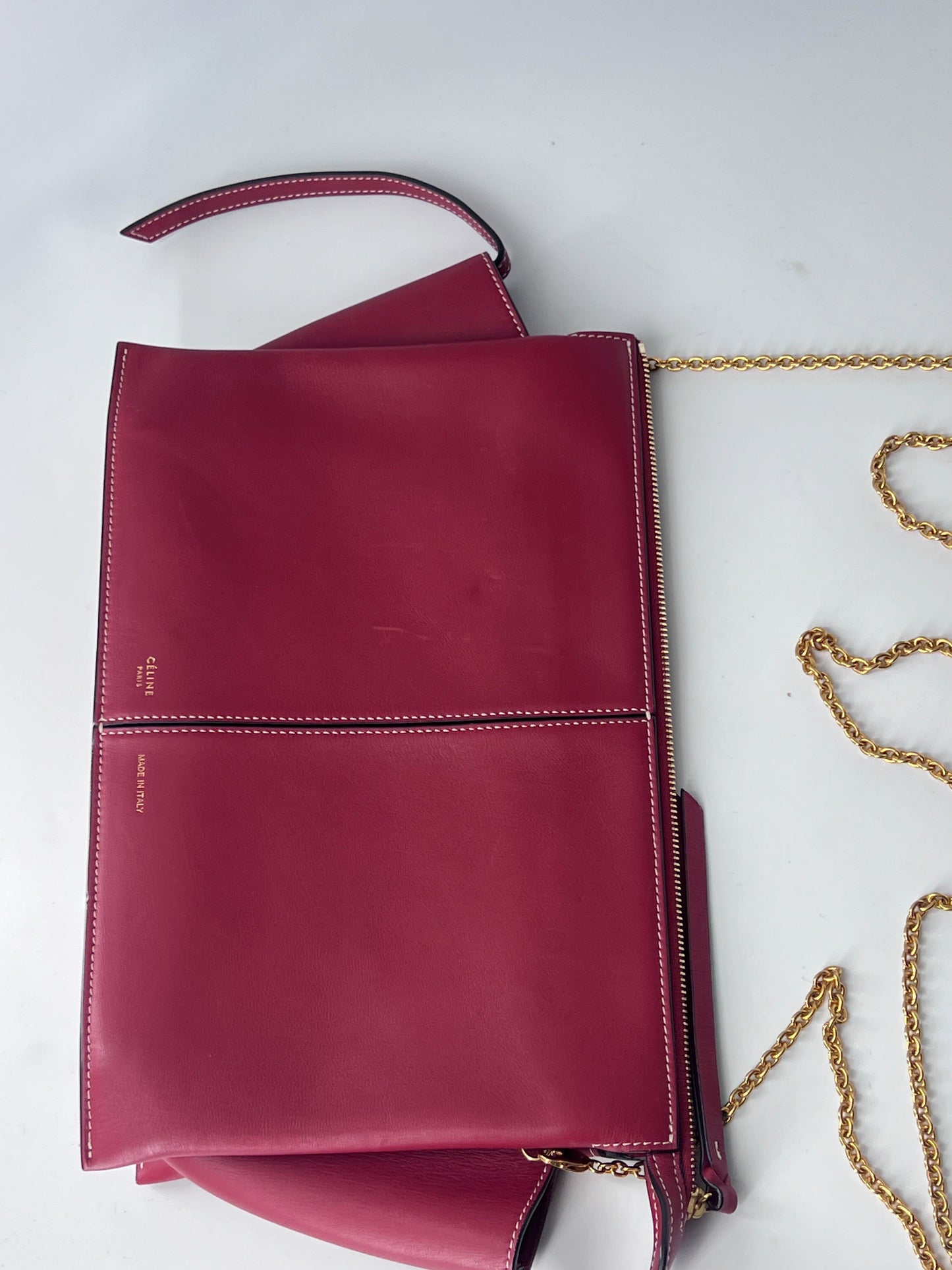 Celine Tri-Fold Shoulder Bag Smooth Calfskin, BURGUNDY, LEATHER, Shoulder bag