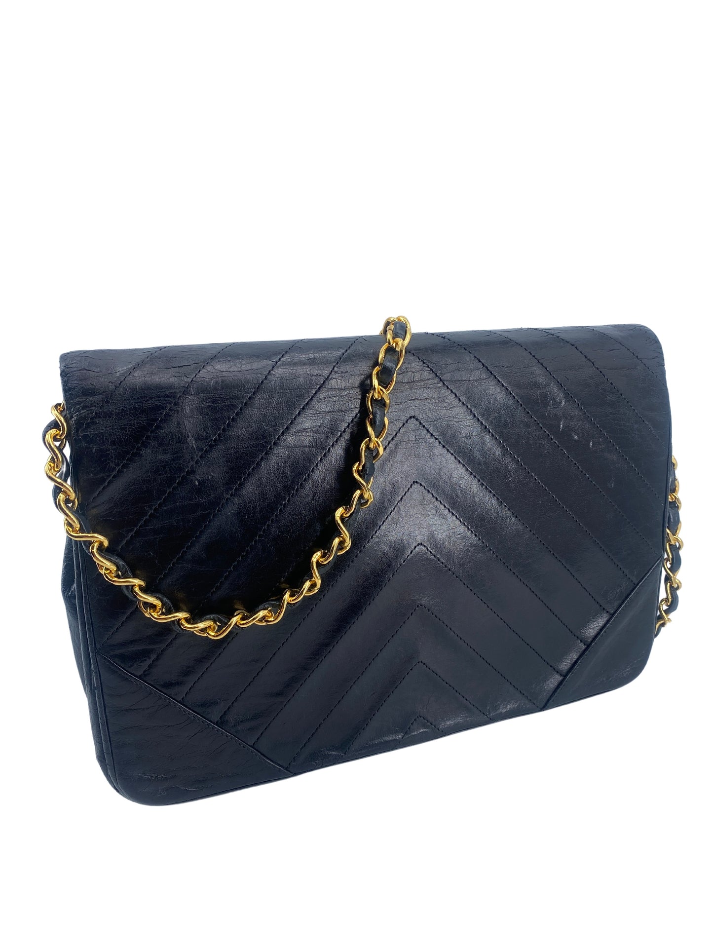 Chanel V-Stich, Black, Leather, shoulder