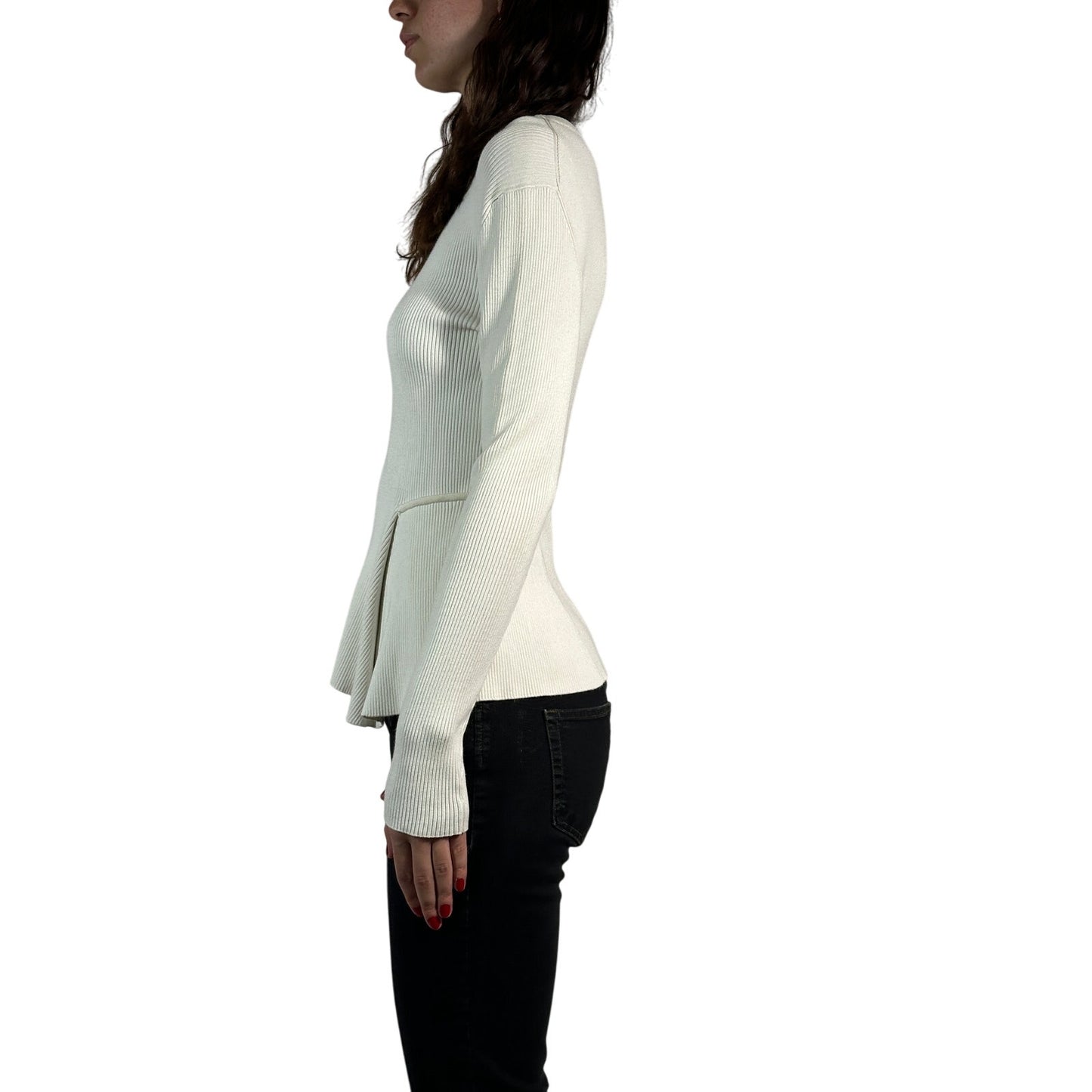SPORTMAX Ribbed Knit Peplum Sweater Solid Long Sleeve Fitted White Women's M
