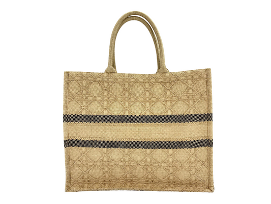 Christian Dior Book Cannage Embroidered Raffia, Beige, Canvas, Tote Bag