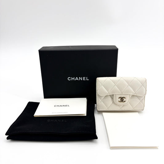 Chanel Classic Flap Card Holder Quilted Caviar, White, Calfskin, Card Holder