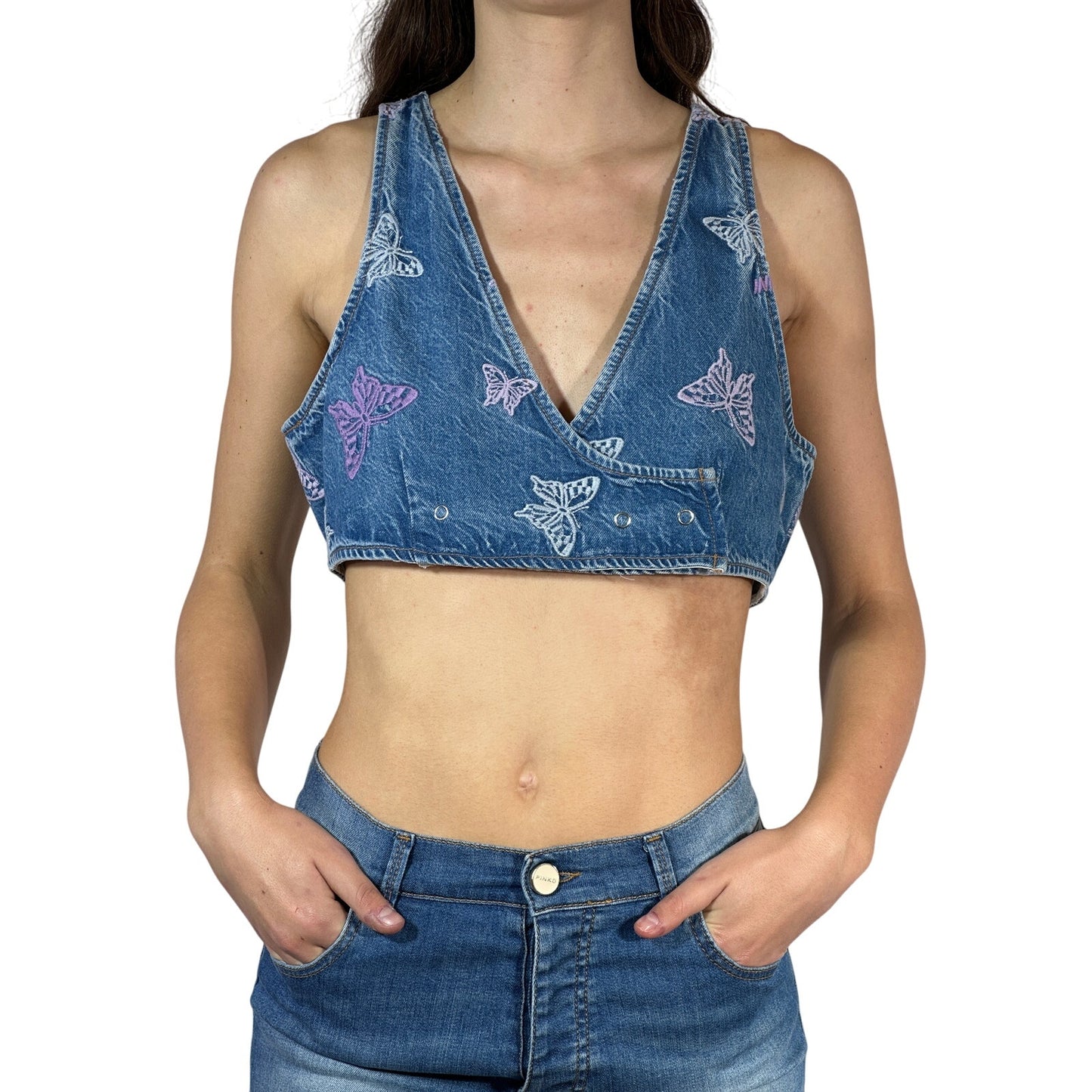 GANNI Embroidered Denim Crop Top