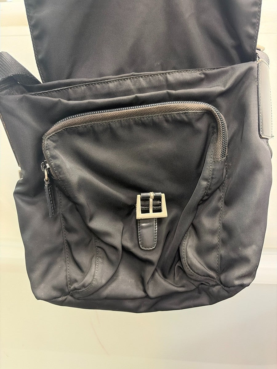 Prada Buckle Messenger Tessuto, Black, Nylon, Handbag