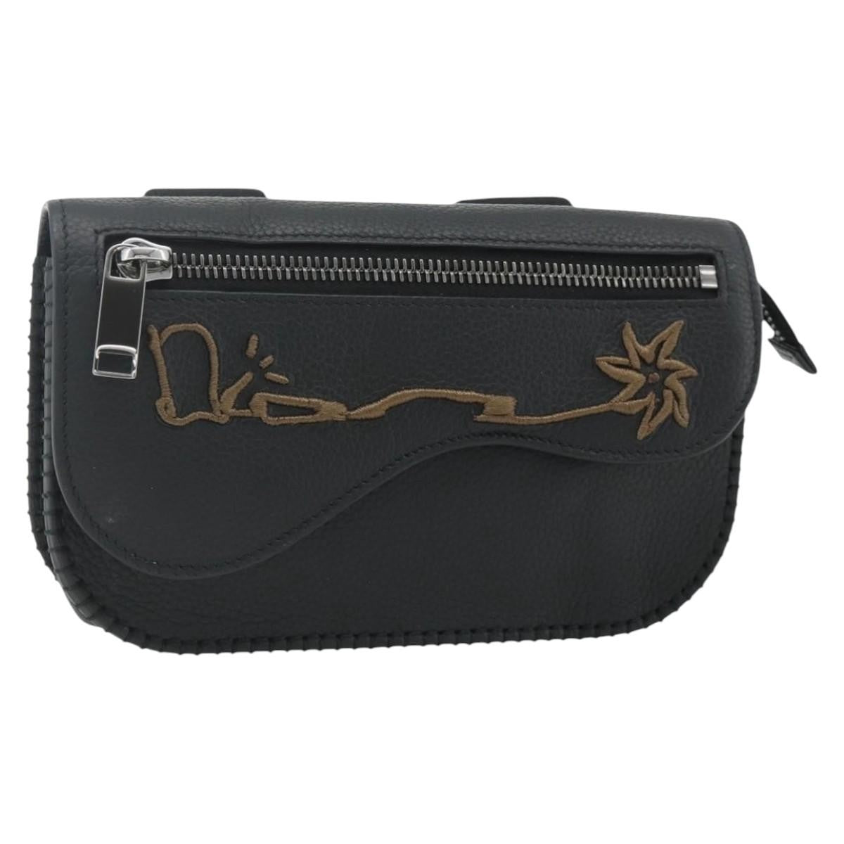 Christian Dior Saddle Pouch Belt Leather, Black, Leather, Clutch