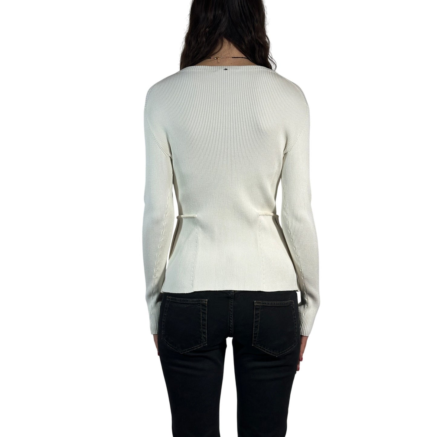 SPORTMAX Ribbed Knit Peplum Sweater Solid Long Sleeve Fitted White Women's M
