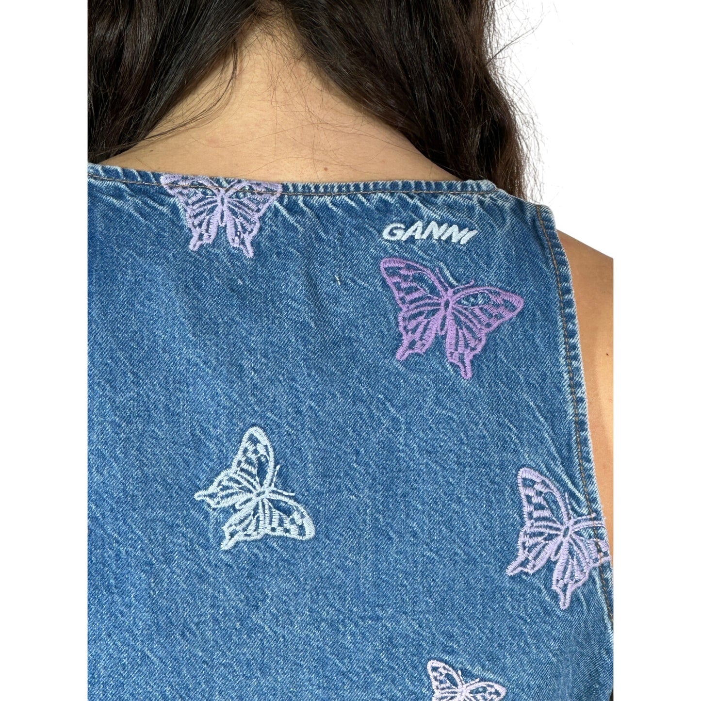 GANNI Embroidered Denim Crop Top