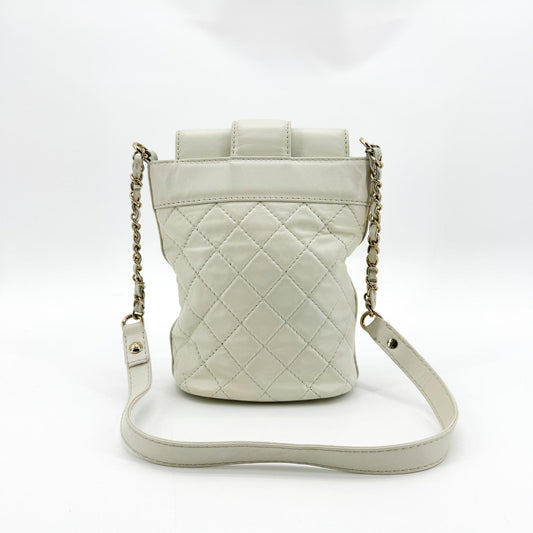 Chanel CC Lock Flap Bucket Quilted Lambskin, White, Leather, Shoulder Bag