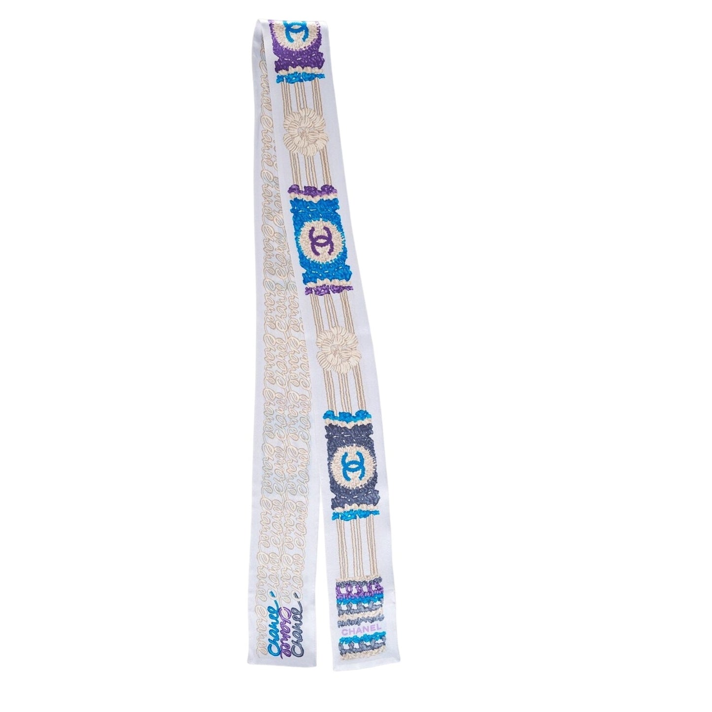 Chanel Silk Scarf White Blue Monogram All Over Print