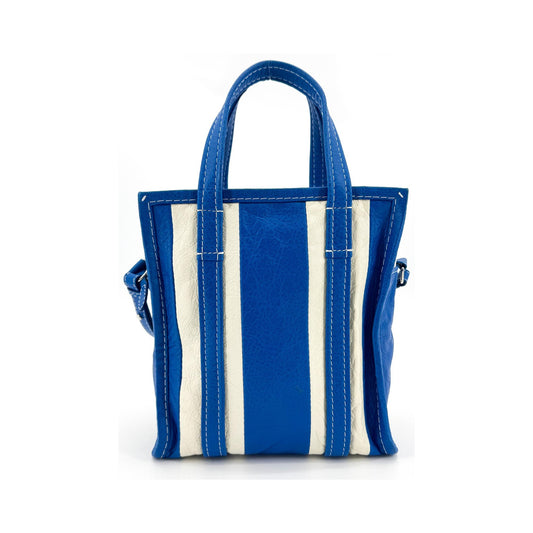 Balenciaga Bazar Striped Leather, Blue, Leather, Tote Bag