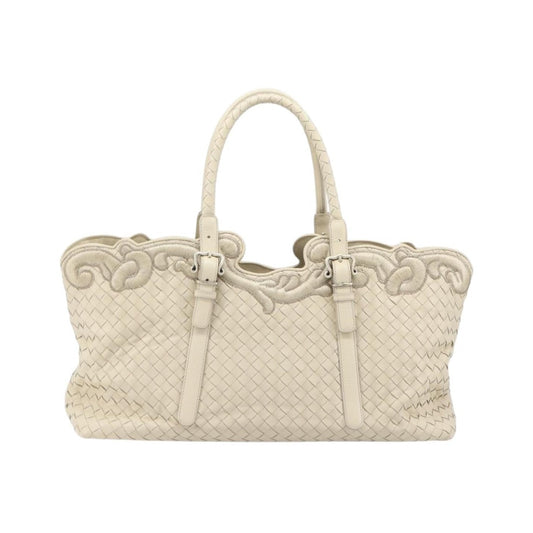 Bottega Veneta Belted Cabas Tote Intrecciato Nappa with Stitched Detail, White, Leather, Tote Bag