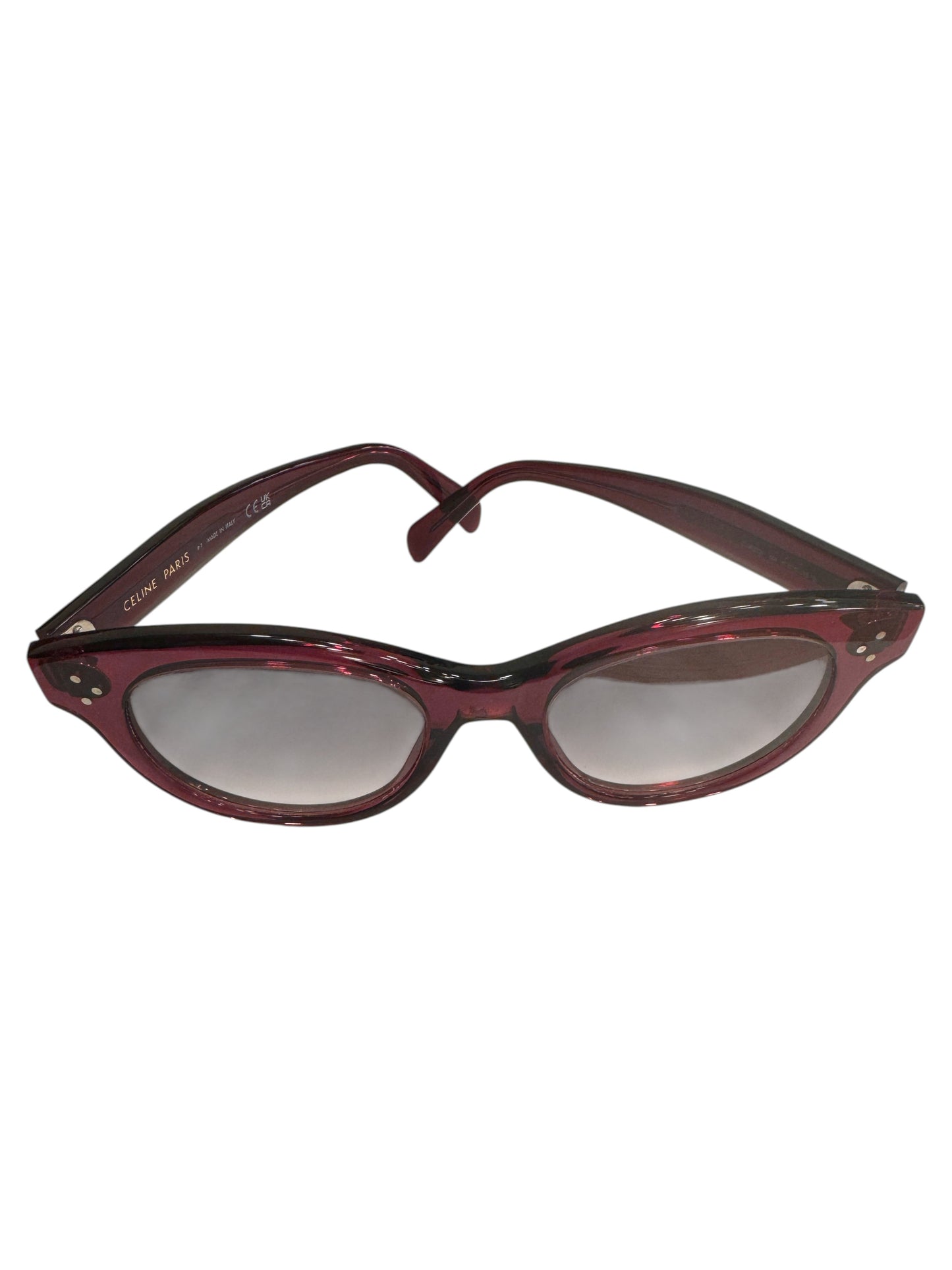 Brandsamsara Celine round-frame sunglasses in red acetate with signature three-dot temple hardware and brown lenses.