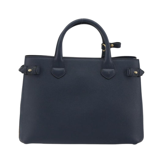 Burberry Banner Leather and House Check Canvas, Navy, Leather, Tote Bag