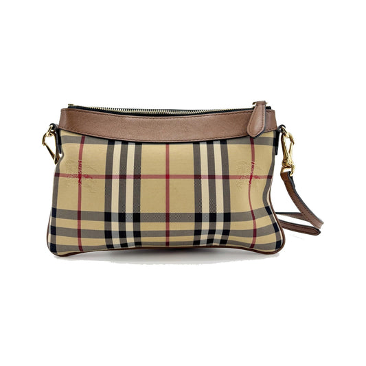 Burberry Peyton Crossbody Clutch Haymarket Coated Canvas, Brown, Canvas, Crossbody Bag
