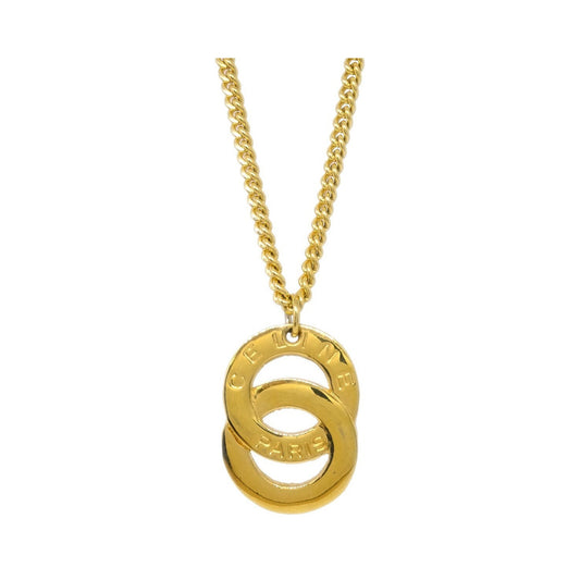 Celine Vintage Logo Circle Pendant Metal, Gold, Gold Plated, Necklace