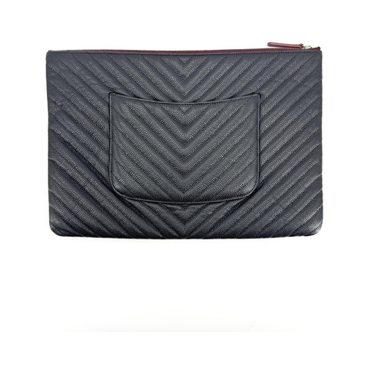 Chanel Charm O Case Chevron Lambskin, Black, Leather, Clutch