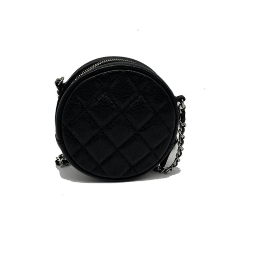 Chanel Handle with Care Round Vanity Case with Chain Quilted Caviar, Black, Calfskin, Clutch
