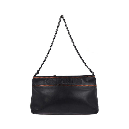 Chanel Lax Pochette Leather, Black, Leather, Clutch