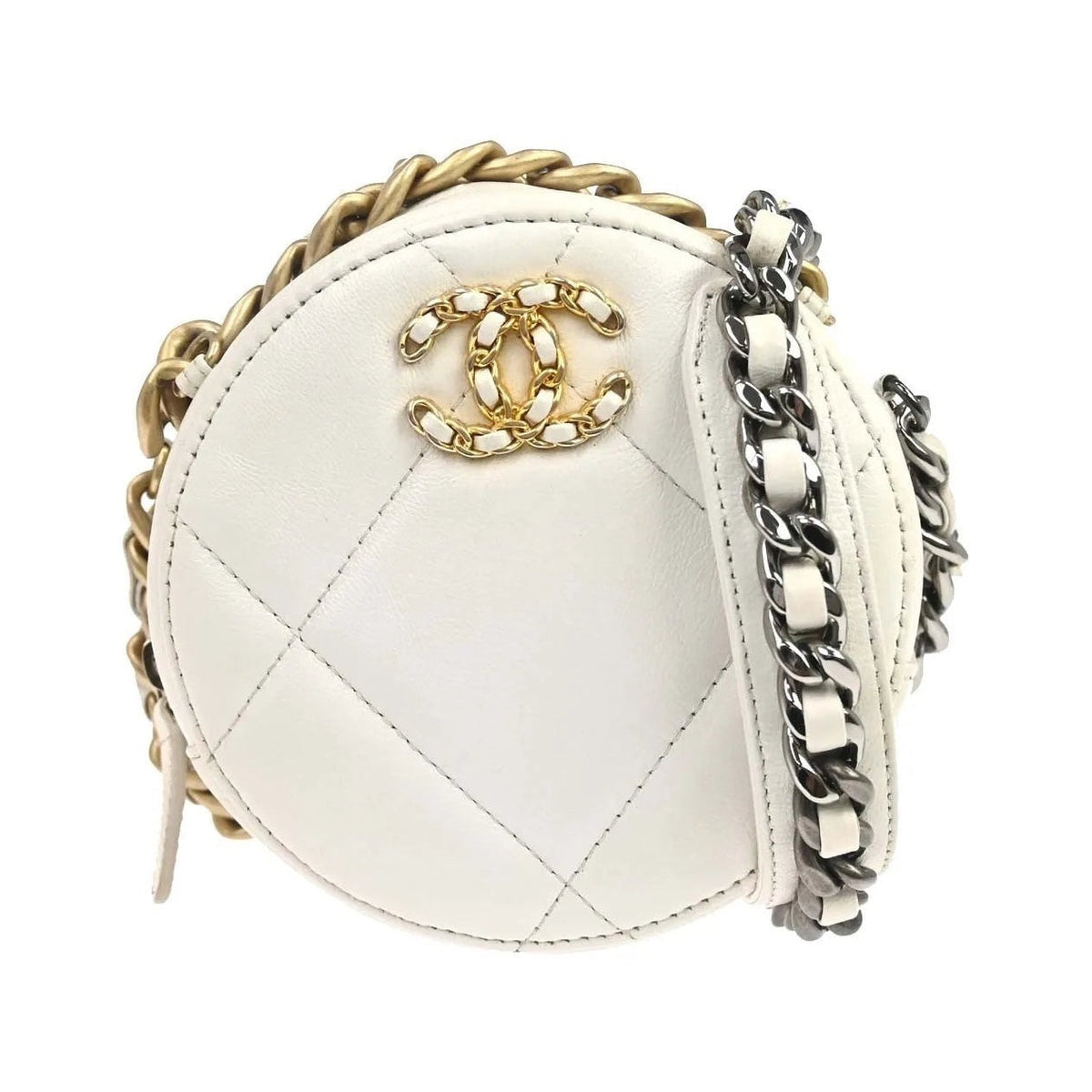 Chanel Round Clutch with Chain Quilted Lambskin, White, Leather, Clutch