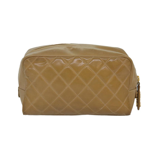 Chanel Square Stitch Toiletry Lambskin, Beige, Leather, Clutch