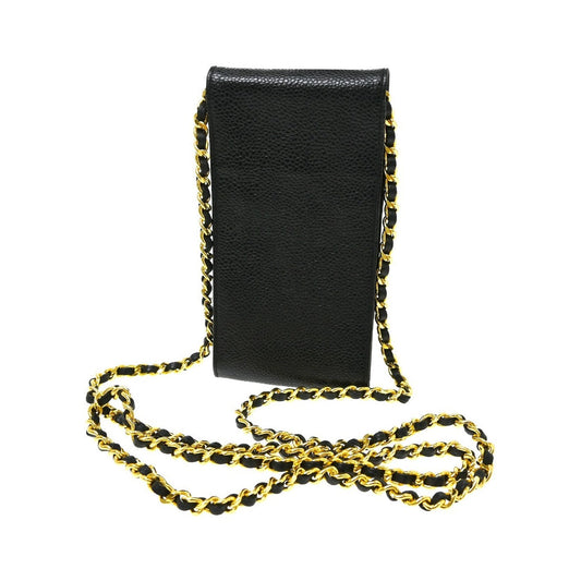 Chanel Vintage CC Phone Holder Caviar, Black, Leather, Clutch