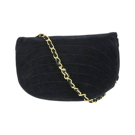 Chanel Vintage Crescent Flap Horizontal Quilted Velvet, Black, Velvet, Shoulder Bag