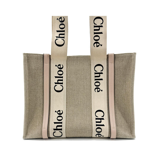 Chloe Woody Canvas with Leather, Beige, Canvas, Tote Bag