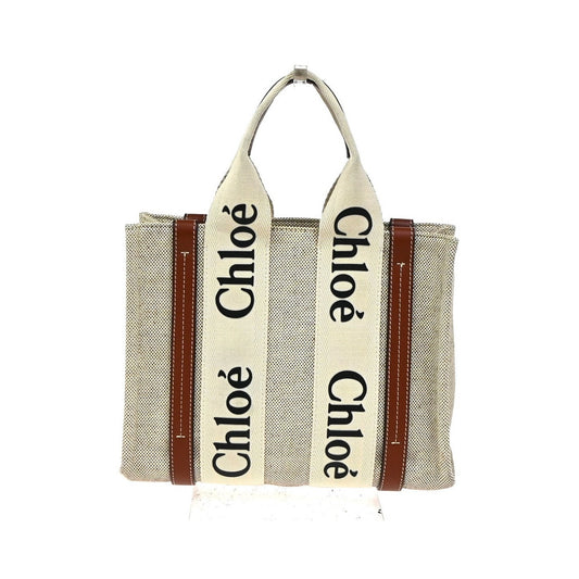 Chloe Woody Leather, Beige, Canvas, Tote Bag