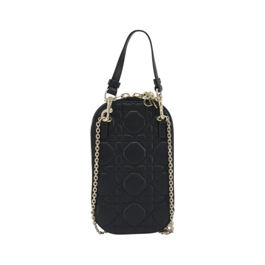 Christian Dior Lady Dior Phone Holder on Chain Cannage Quilt Lambskin, Black, Leather, Shoulder Bag