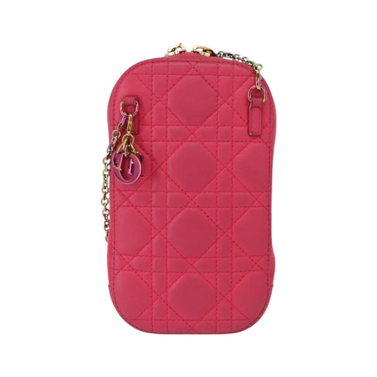 Christian Dior Lady Dior Phone Holder on Chain Cannage Quilt Lambskin, Pink, Leather, Clutch