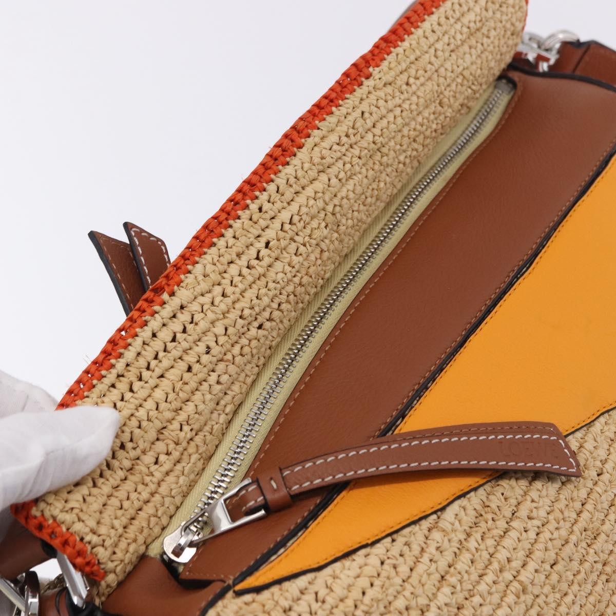 Loewe Puzzle Leather and Raffia, Beige, Leather, Handbag