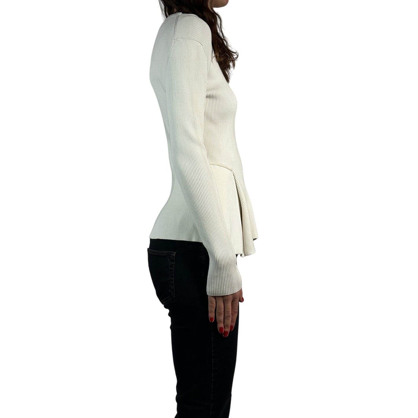 SPORTMAX Ribbed Knit Peplum Sweater Solid Long Sleeve Fitted White Women's M