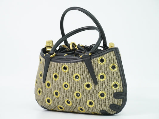 Fendi B. Fab Convertible Tote Grommet Embellished Raffia, Beige, Leather, Handbag