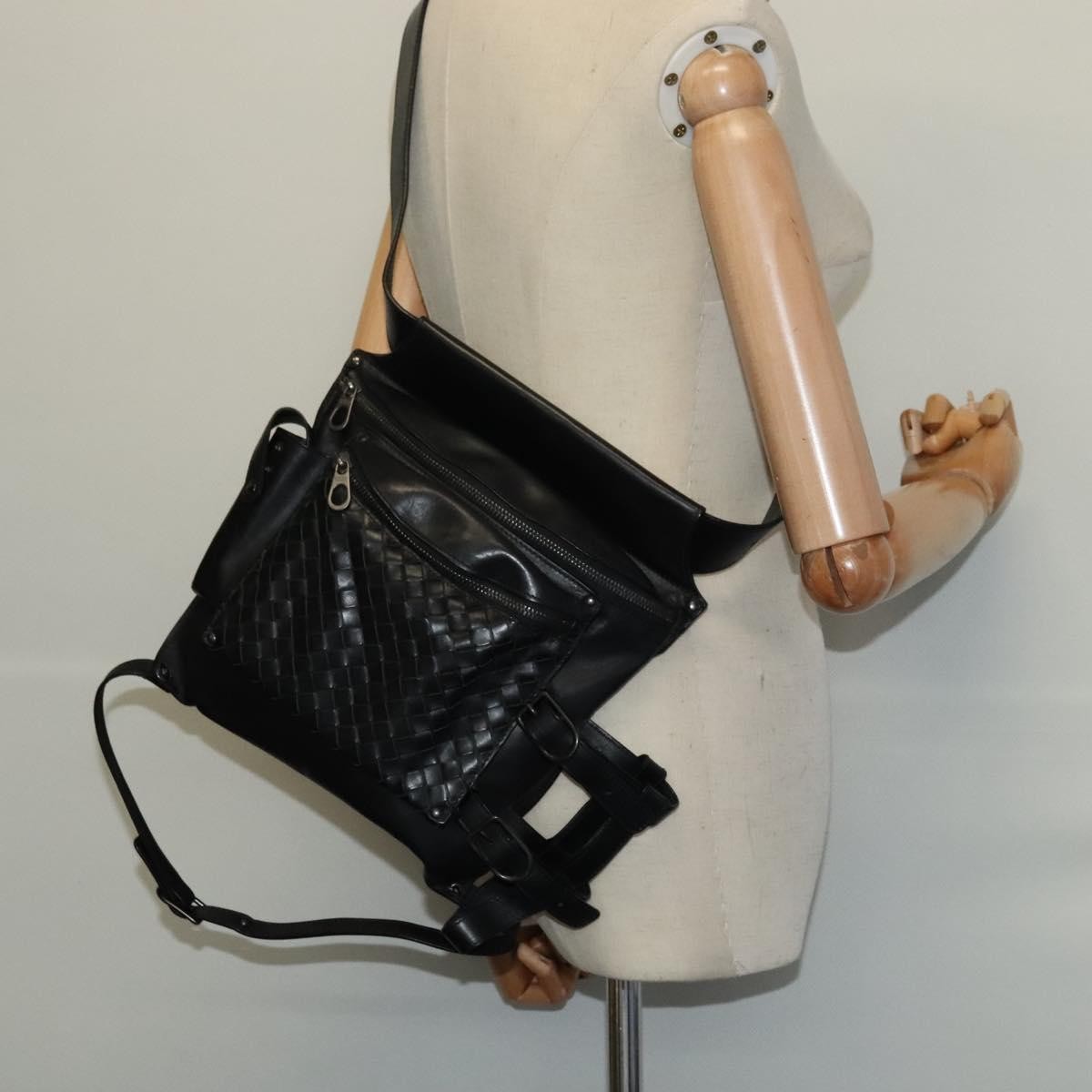 Bottega Veneta Utility Waist Leather with Intrecciato, Black, Leather, Shoulder Bag