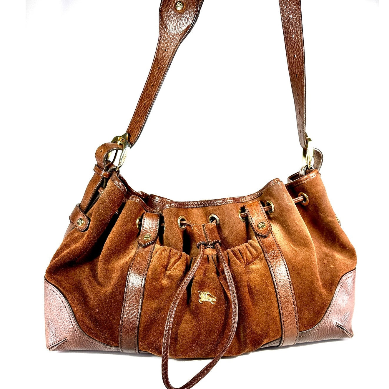 BURBERRY Suede Leather Drawstring Hobo