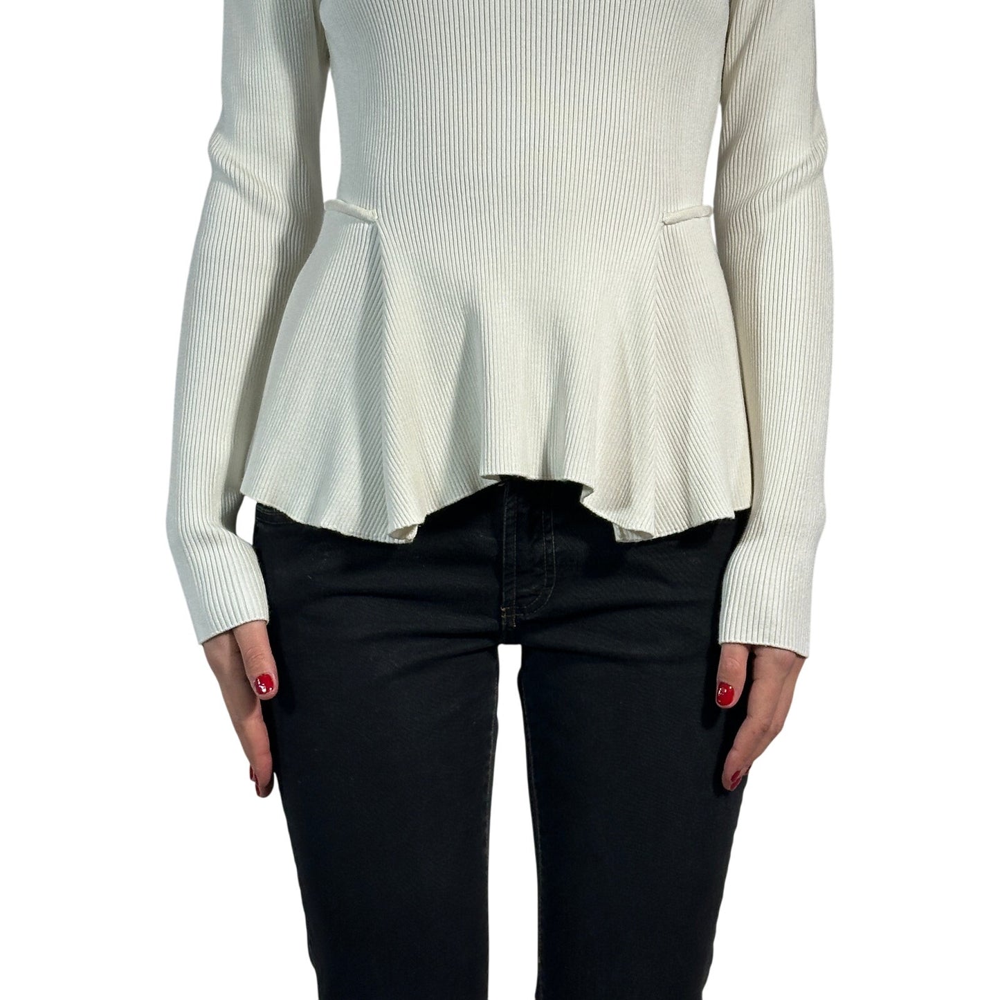 SPORTMAX Ribbed Knit Peplum Sweater Solid Long Sleeve Fitted White Women's M