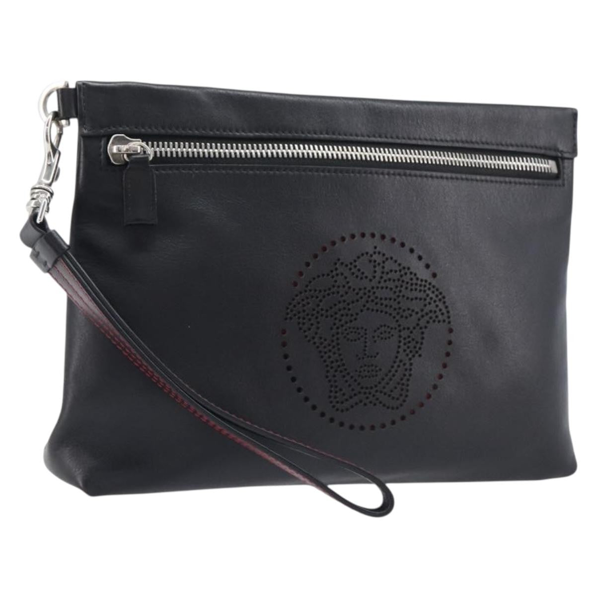 Versace Logo Medusa Wristlet Leather, Black, Leather, Clutch