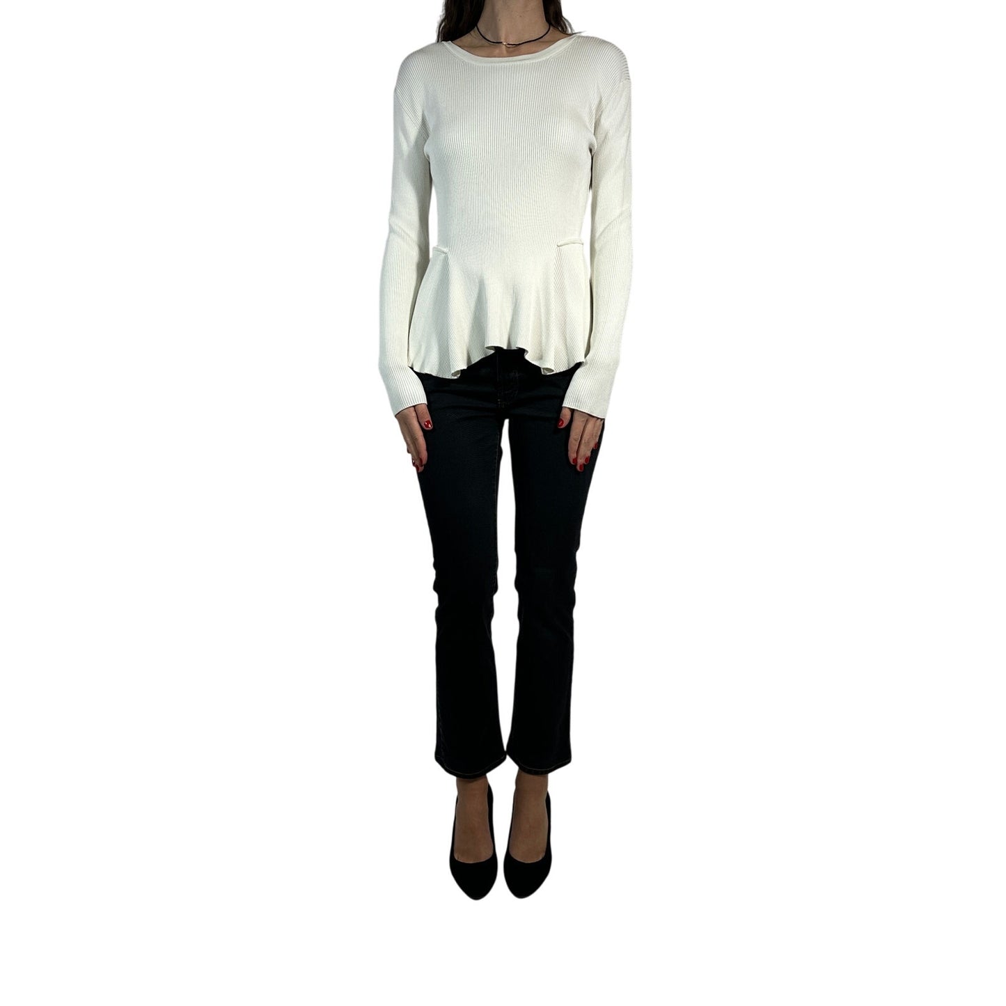 SPORTMAX Ribbed Knit Peplum Sweater Solid Long Sleeve Fitted White Women's M