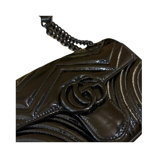 Gucci GG Marmont Flap Matelasse Patent, Black, Leather, Shoulder Bag
