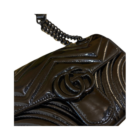 Gucci GG Marmont Flap Matelasse Patent, Black, Leather, Shoulder Bag